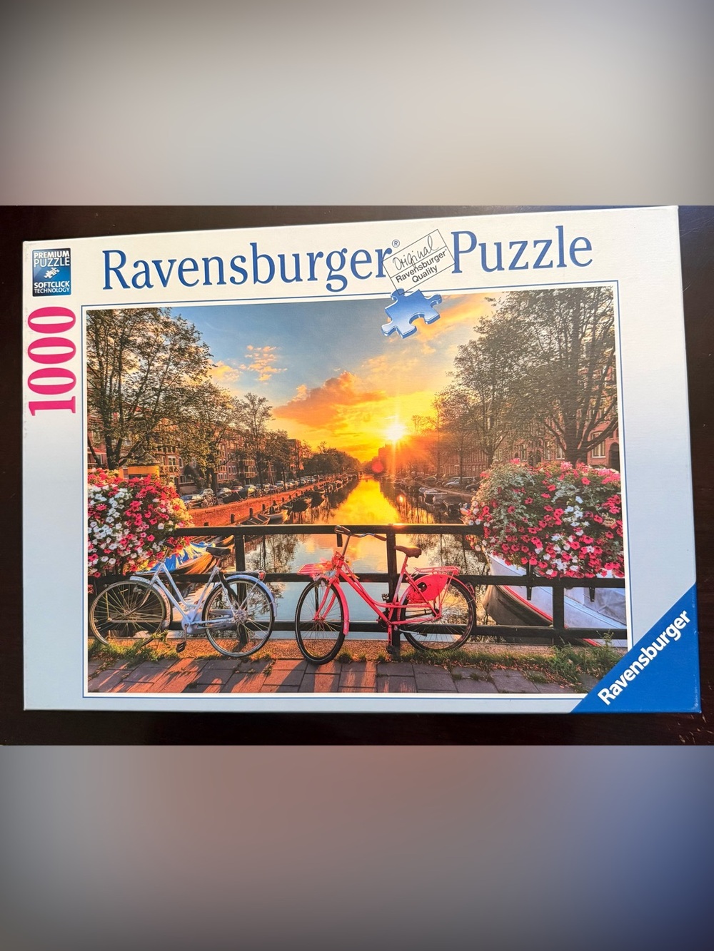 Ravensburger 1000 piece Sunset Canal Bicycles Puzzle - Red, Blue, Pink